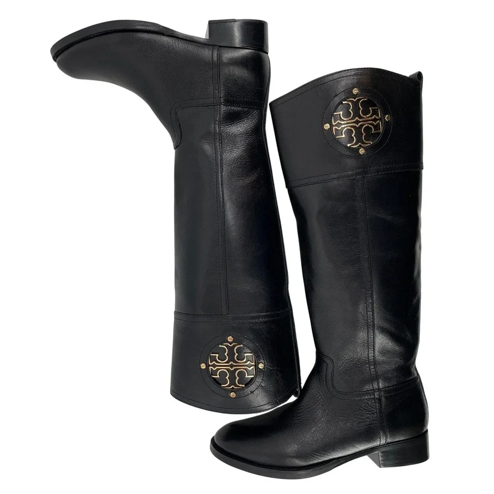 Tory Burch Riding Boots Womens 5M Black Leather Kiernan Gold Logo‎ Tall Zip